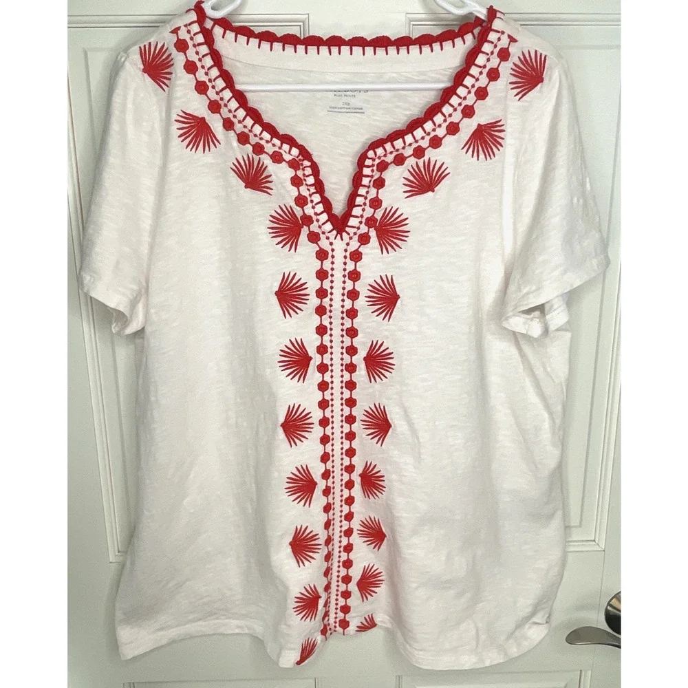Talbots Women's Aztec Embroidered Short Sleeve Top Sz Petite 2XL 100% Cotton
